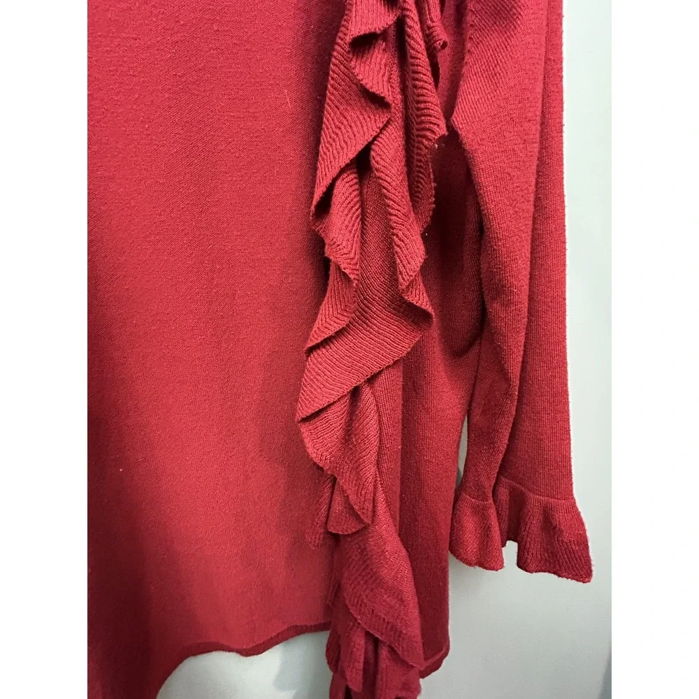 Grace Elements Cardigan Womens Large Red Open Front Ruffle Trim 3/4 Sleeve Knit